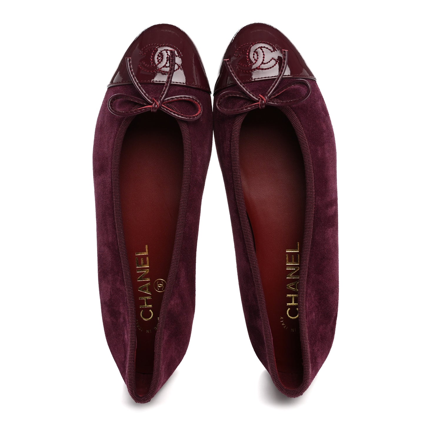 Suede Patent Calfskin Cap Toe CC Ballerina Flats 38 Burgundy