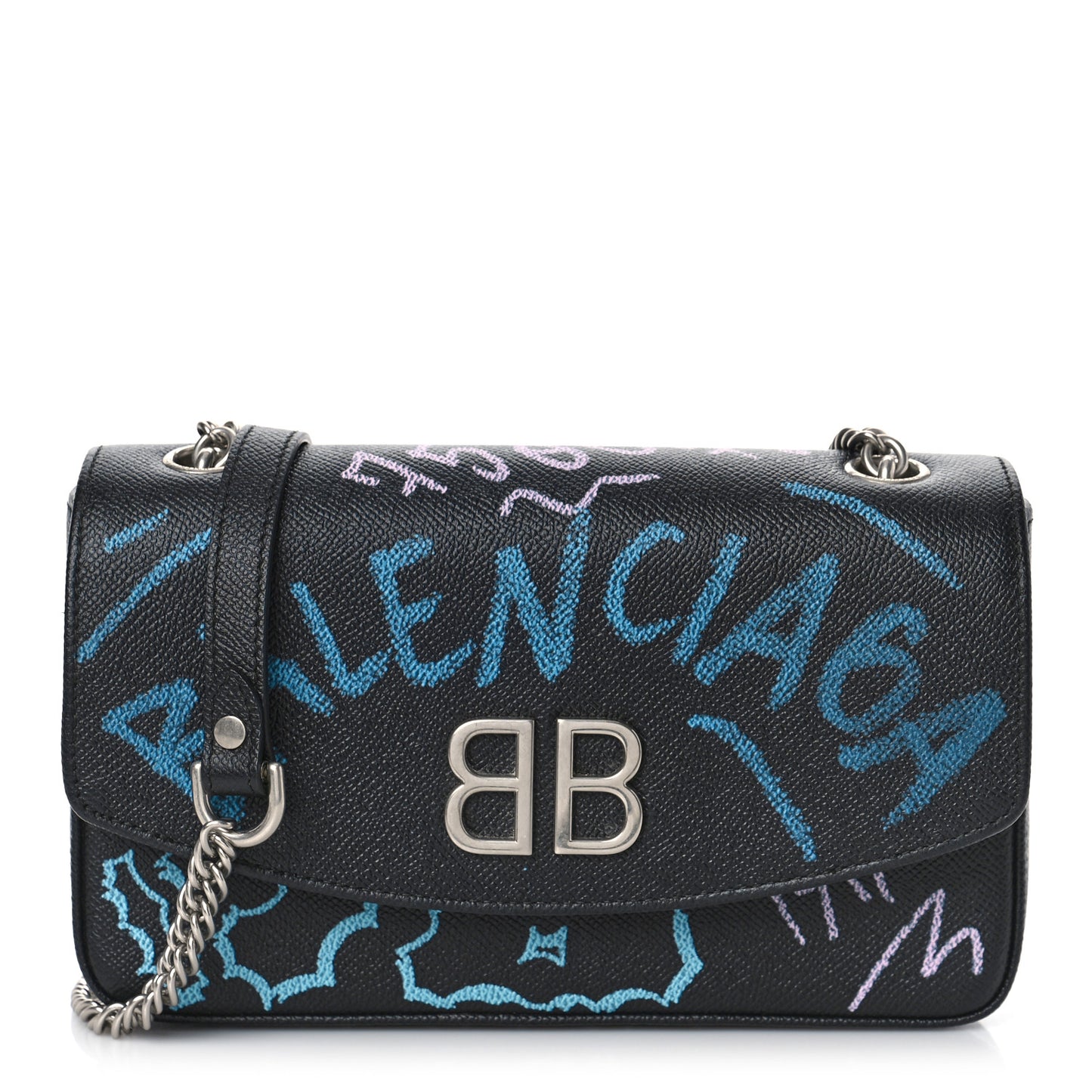 Calfskin Graffiti BB Chain Wallet Black Multicolor