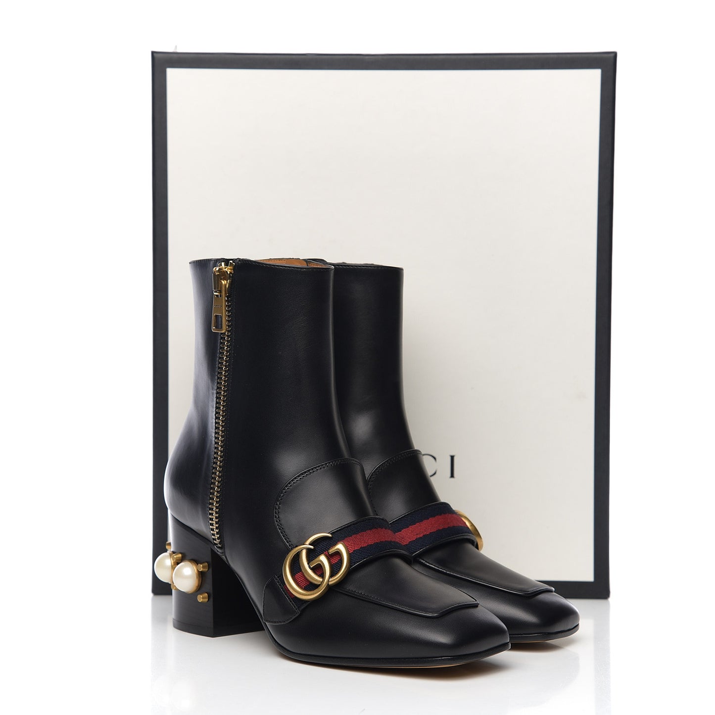 Betis Glamour Calfskin Web Pearl Embellished Peyton 75mm Ankle Boots 38 Black