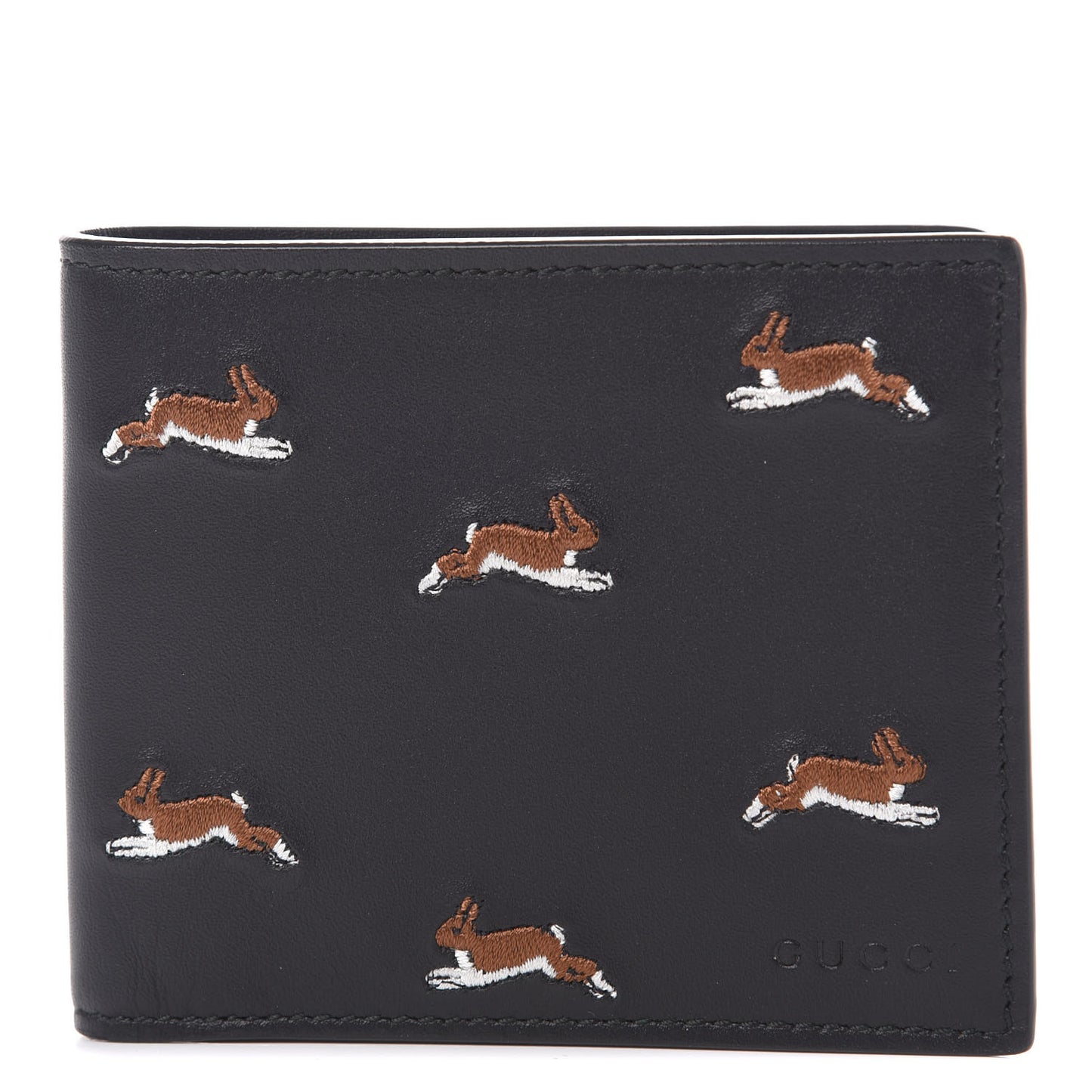 Calfskin Rabbit Embroidered Bi-Fold Wallet Black