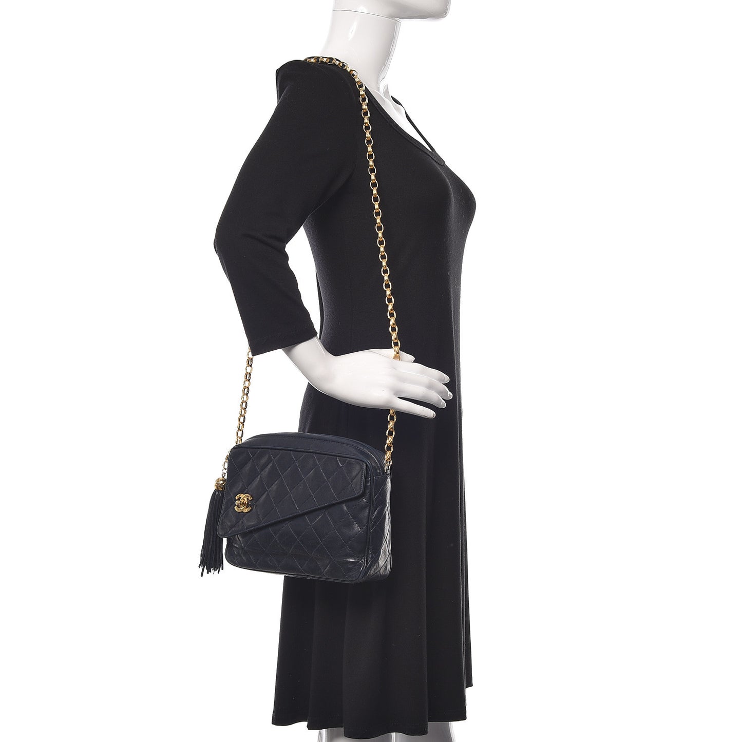 Lambskin Quilted Flap Tassel Camera Case Navy