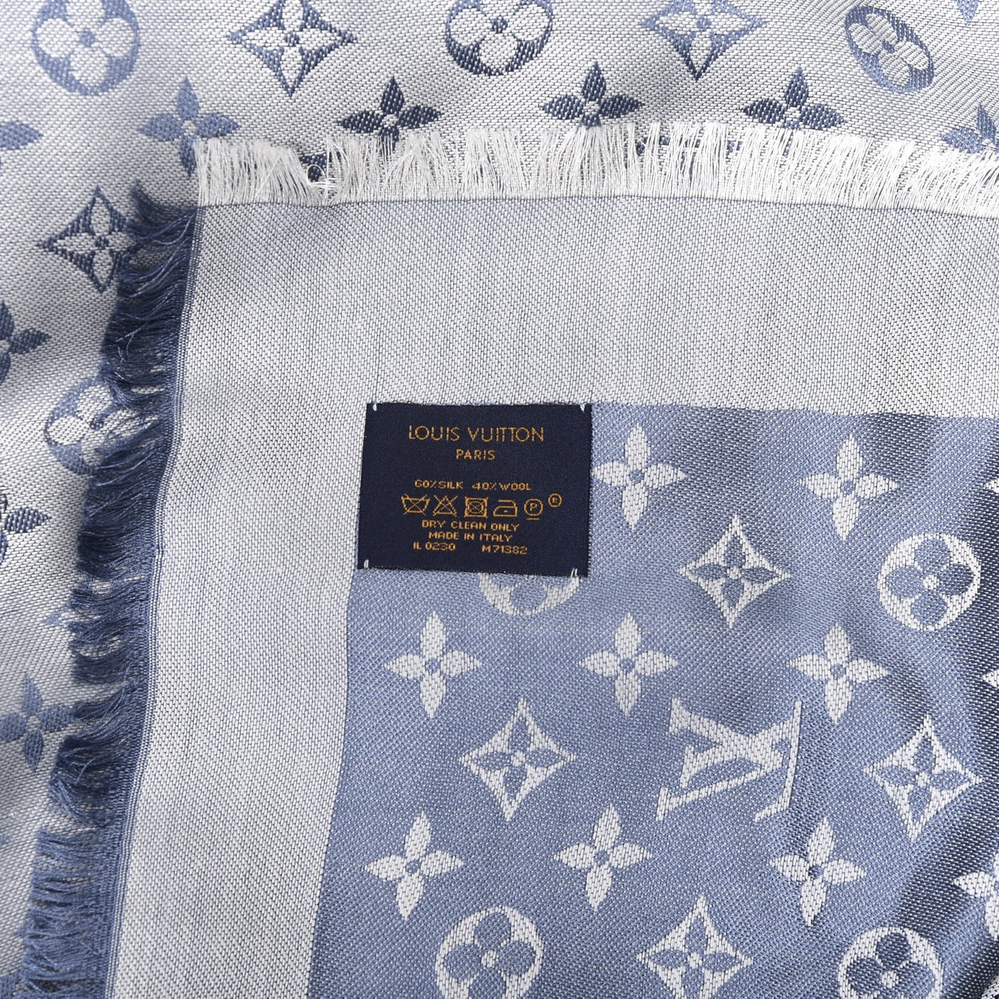 Silk Wool Monogram Denim Shawl Light Blue