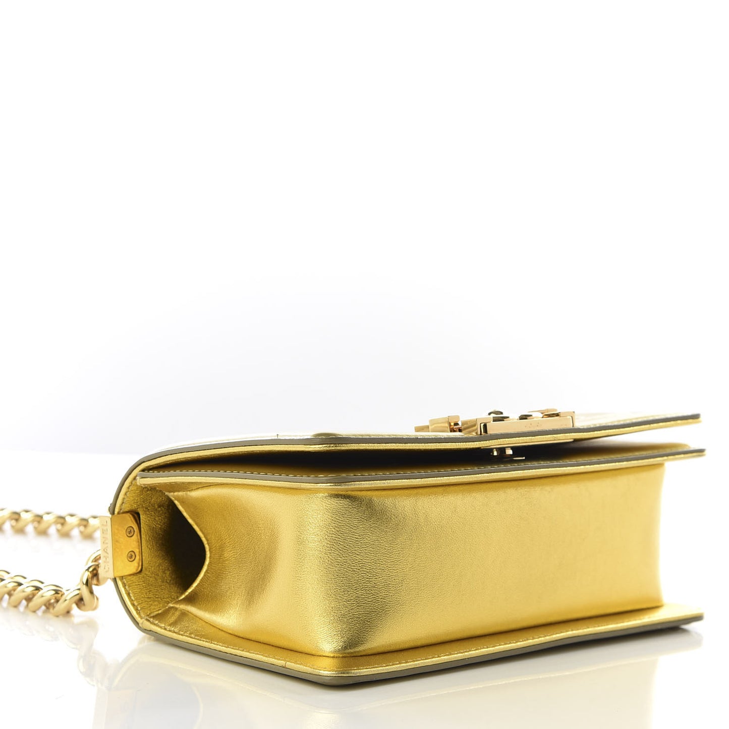 Metallic Patent Calfskin Quilted Small Boy Flap Gold