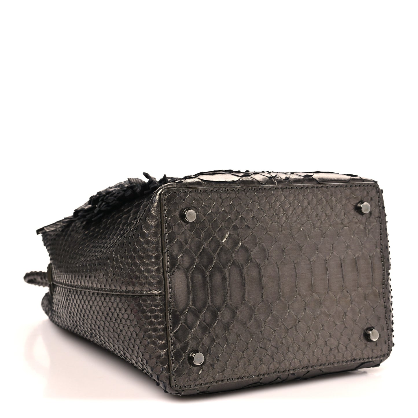 Metallic Snakeskin Small Double Tassel Bucket Bag Silver