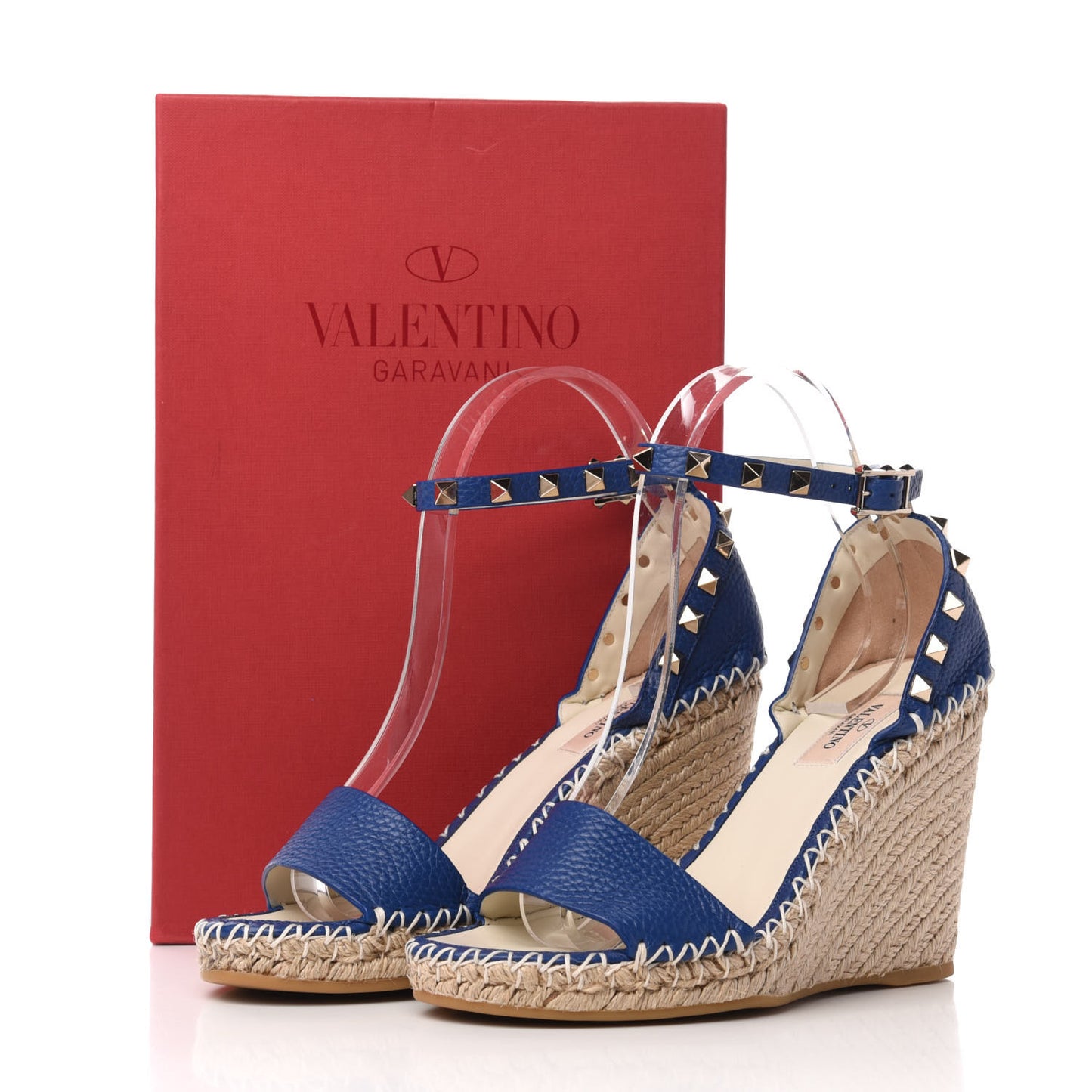Grained Calfskin Rockstud Ankle Strap Espadrille 15/105mm Wedge Sandals 37 Blu Delft Natural