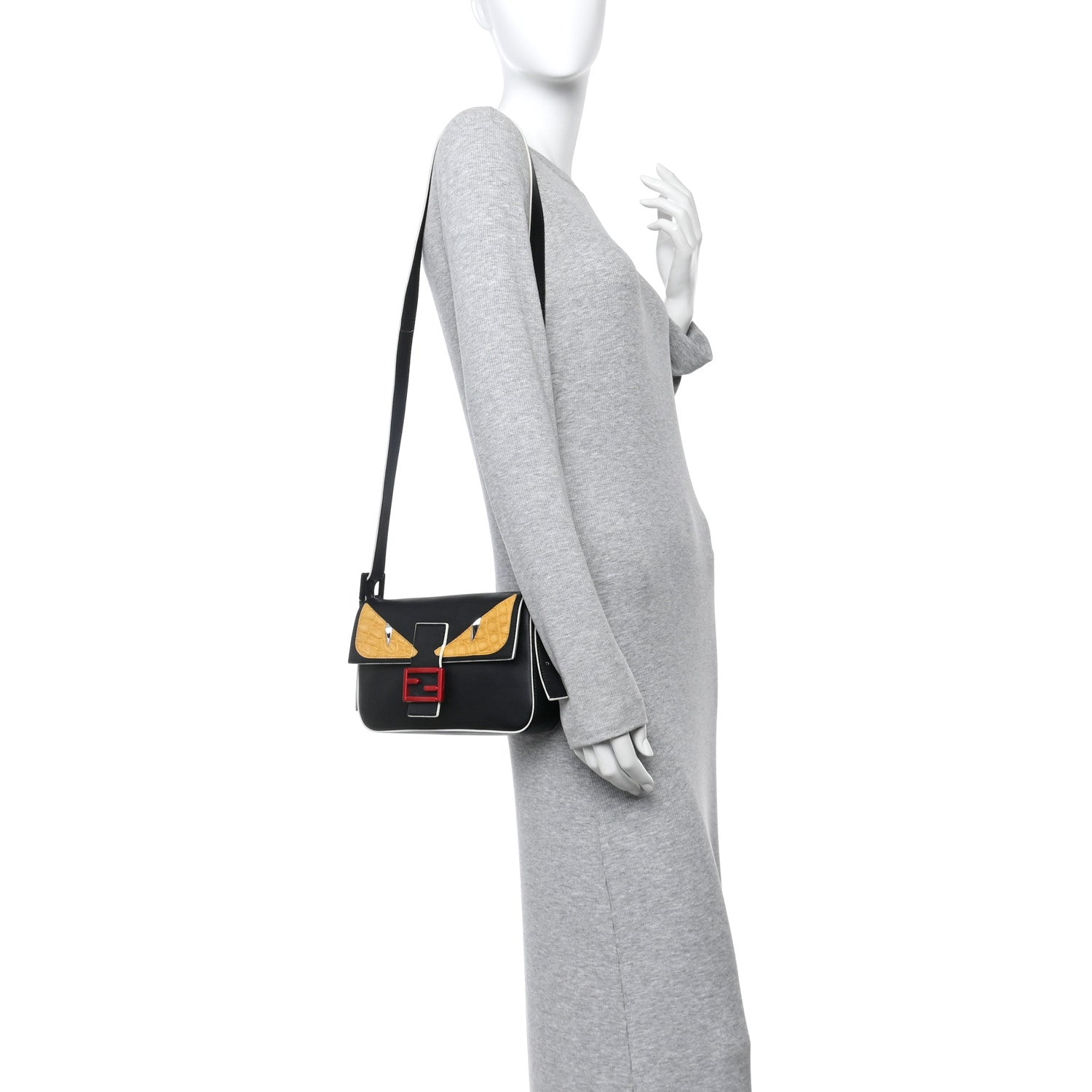 Fendi Vitello Dolce Elite Monster Eyes Bi-Color Baguette Black Yellow 3 of 21