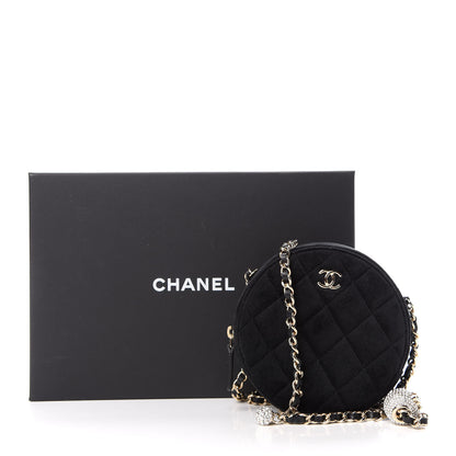Chanel Velvet Quilted Pearl Crush Round Clutch With Chain Black 10 of 10