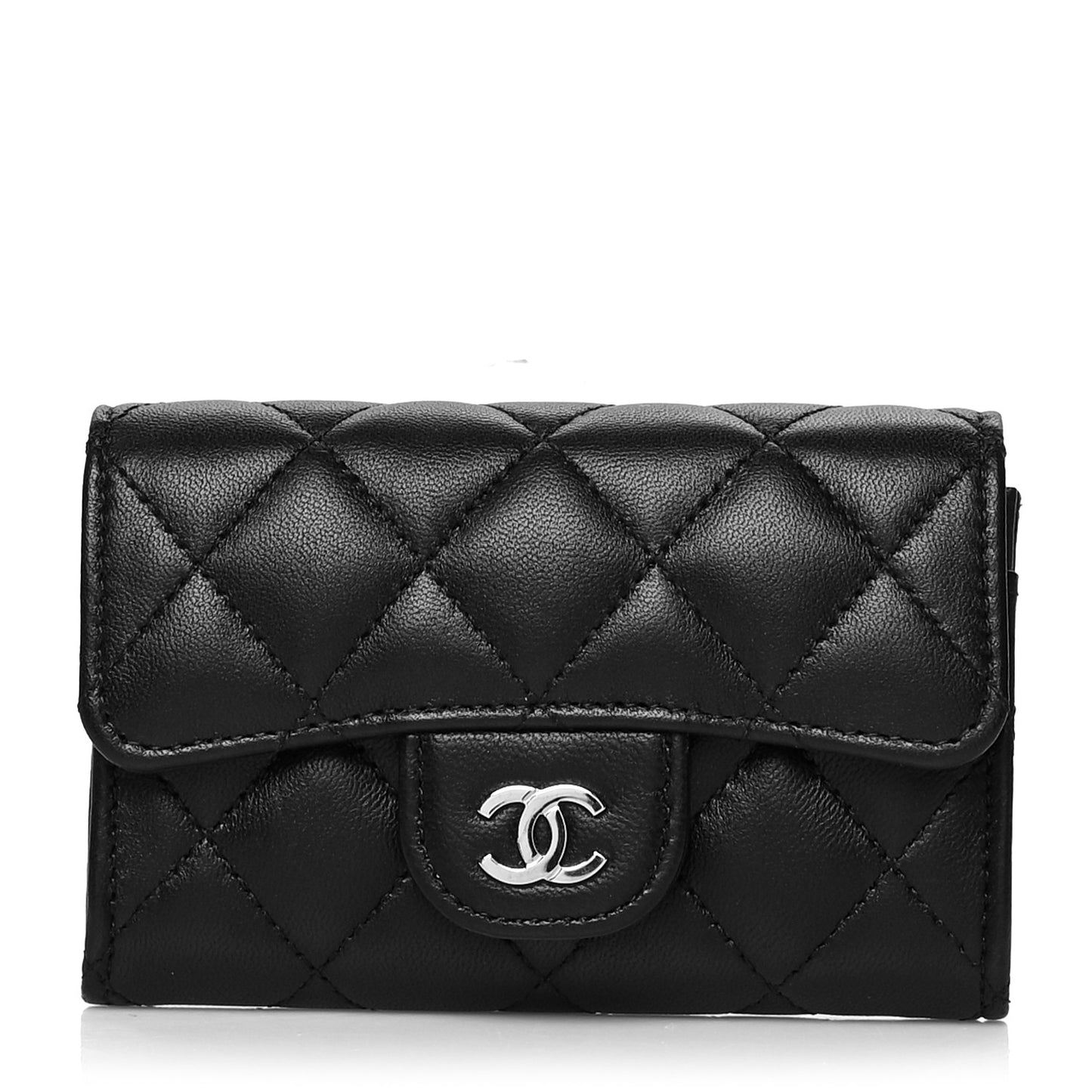 Lambskin Quilted Flap Card Holder Wallet Black