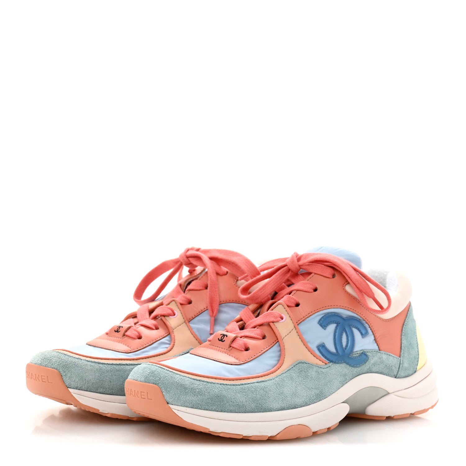 Chanel Nylon Lambskin Suede Calfskin CC Sneakers 38.5 Coral Light Blue White 4 of 9