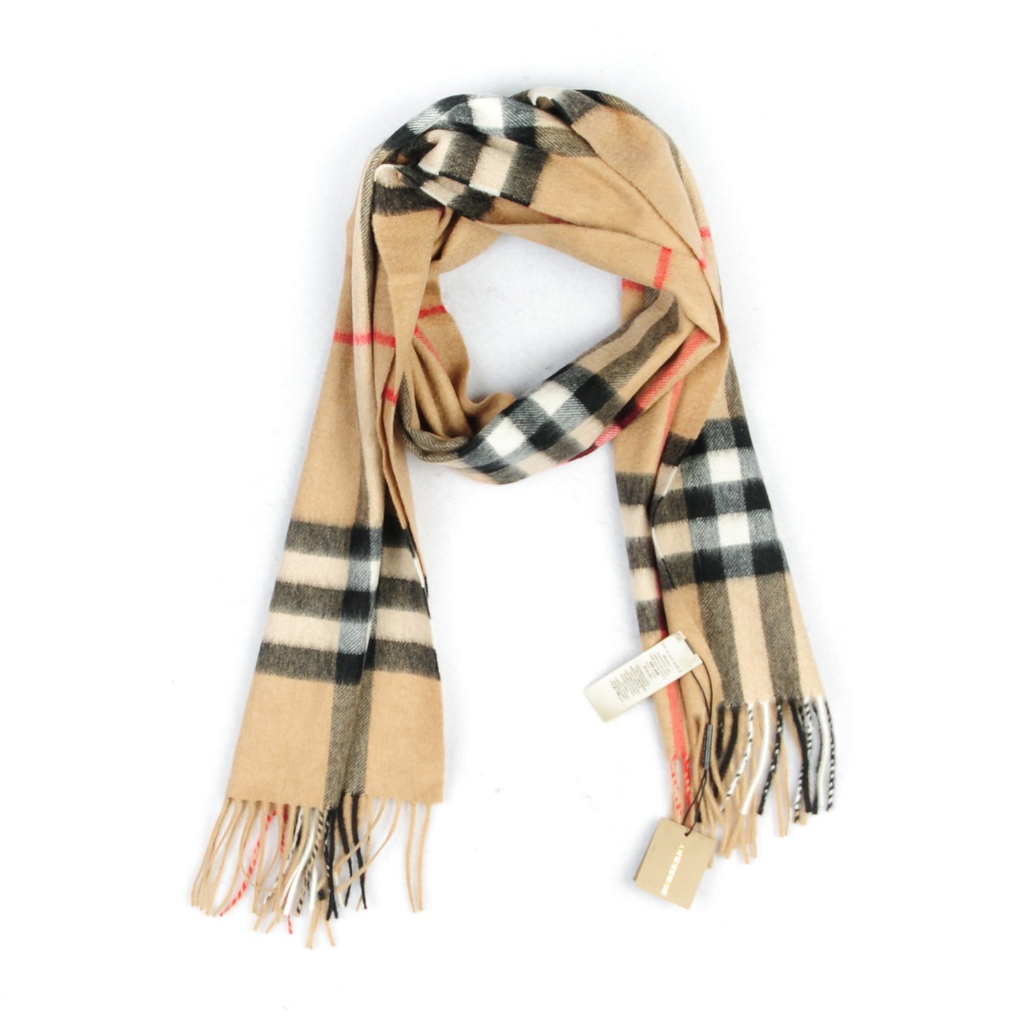 Cashmere Giant Check Fringe Scarf Camel