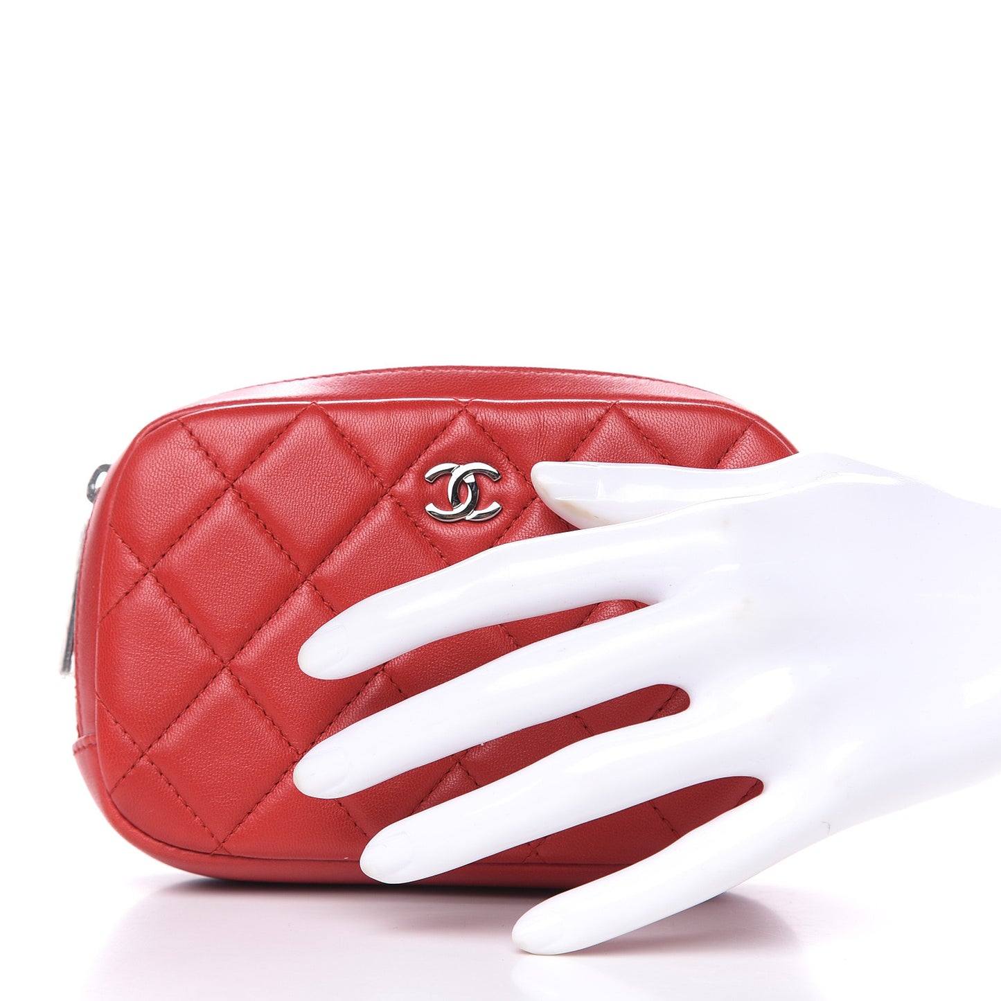 Lambskin Quilted Small Curvy Pouch Cosmetic Case Dark Red
