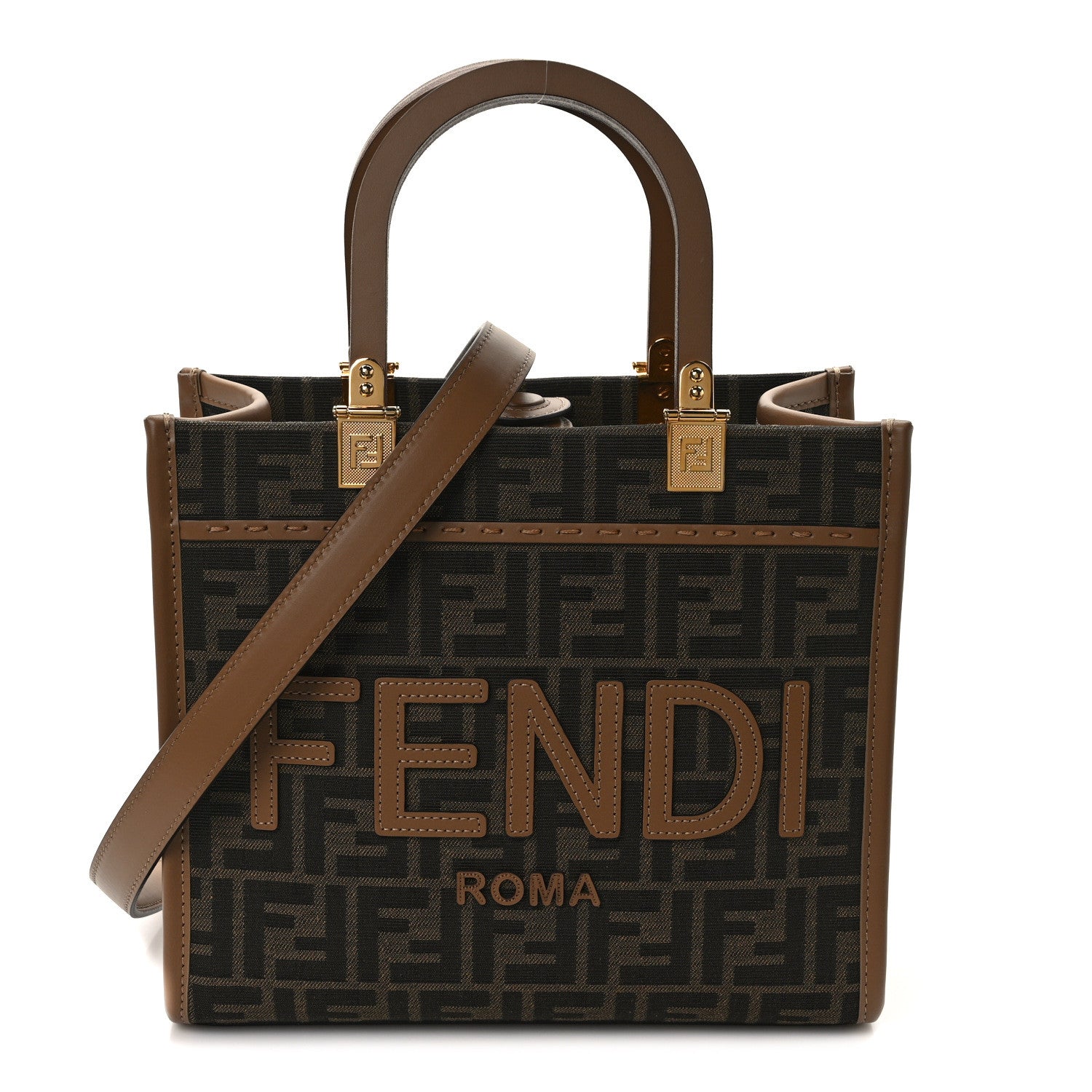 Fendi Fabric Jacquard FF 1974 Logo Small Fendi Sunshine Shopper Tote Tobacco Moro Sand 1 of 11
