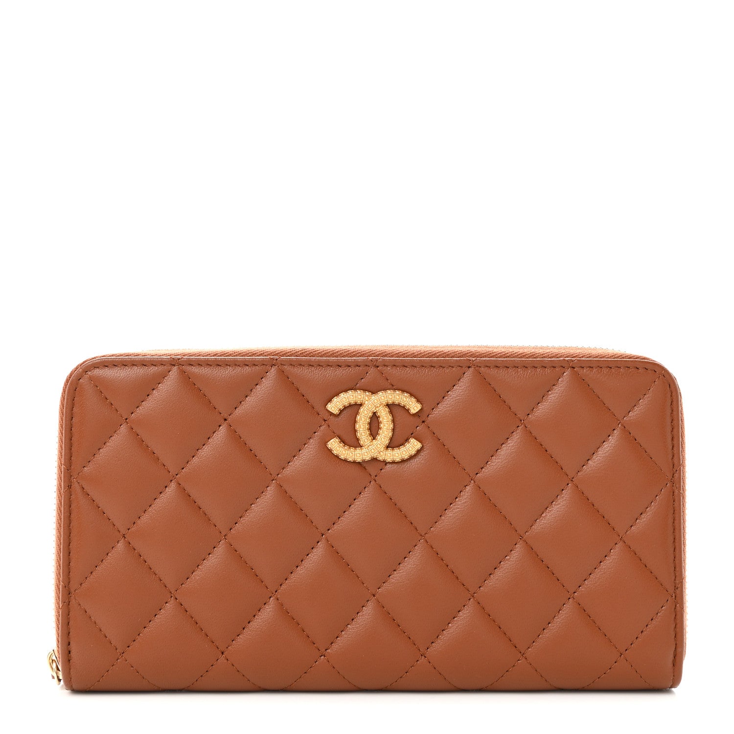 Chanel Lambskin Quilted Studded CC Large Gusset Zip Around Wallet Light Brown 1 of 16