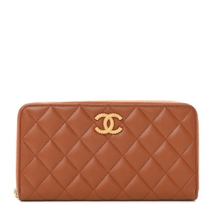 Chanel Lambskin Quilted Studded CC Large Gusset Zip Around Wallet Light Brown 1 of 16