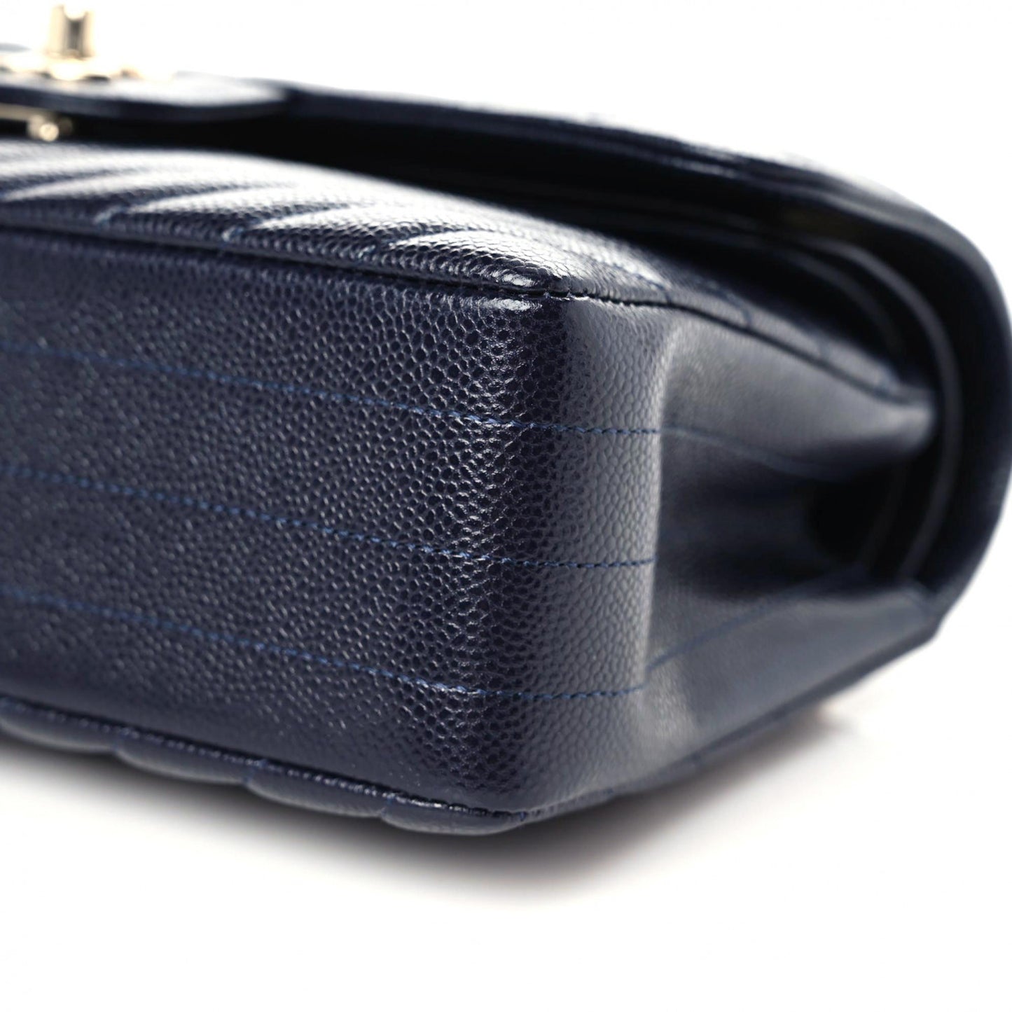 Caviar Chevron Quilted Small Double Flap Navy Blue
