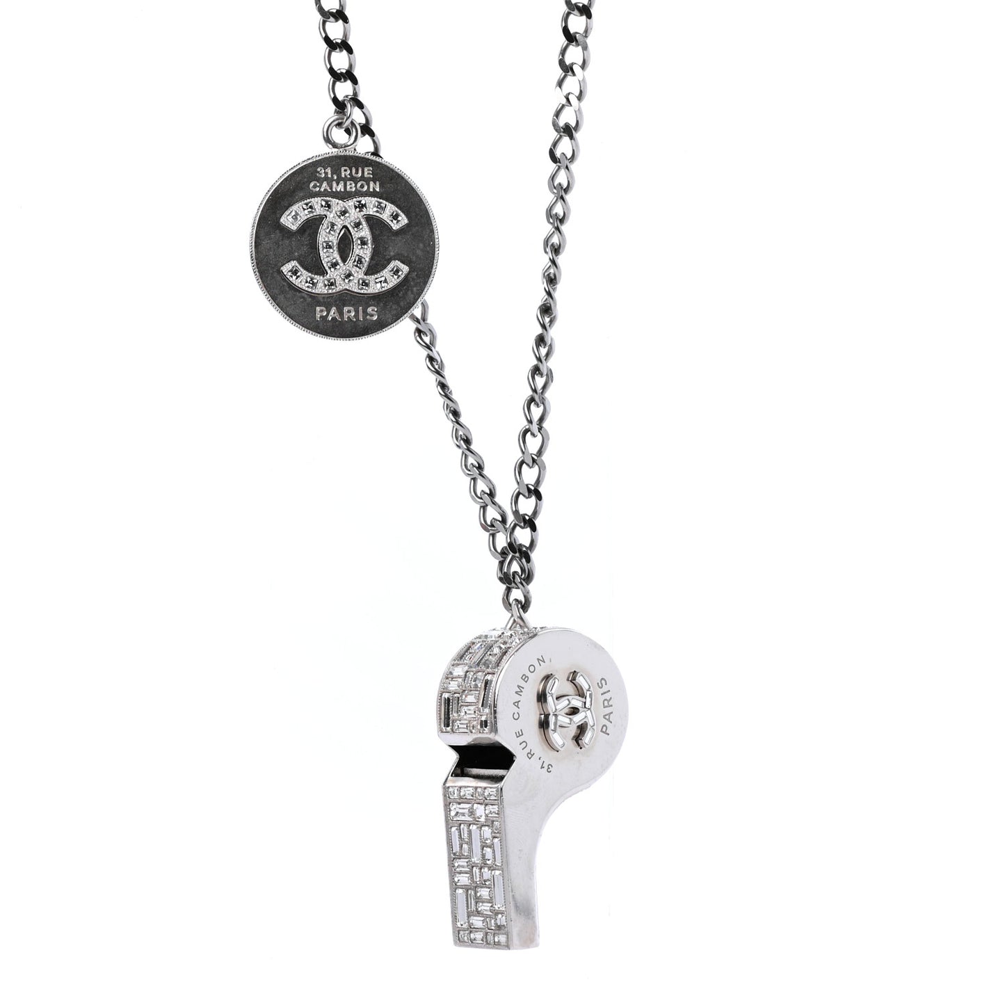 Crystal Baguette CC Whistle Pendant Necklace Silver