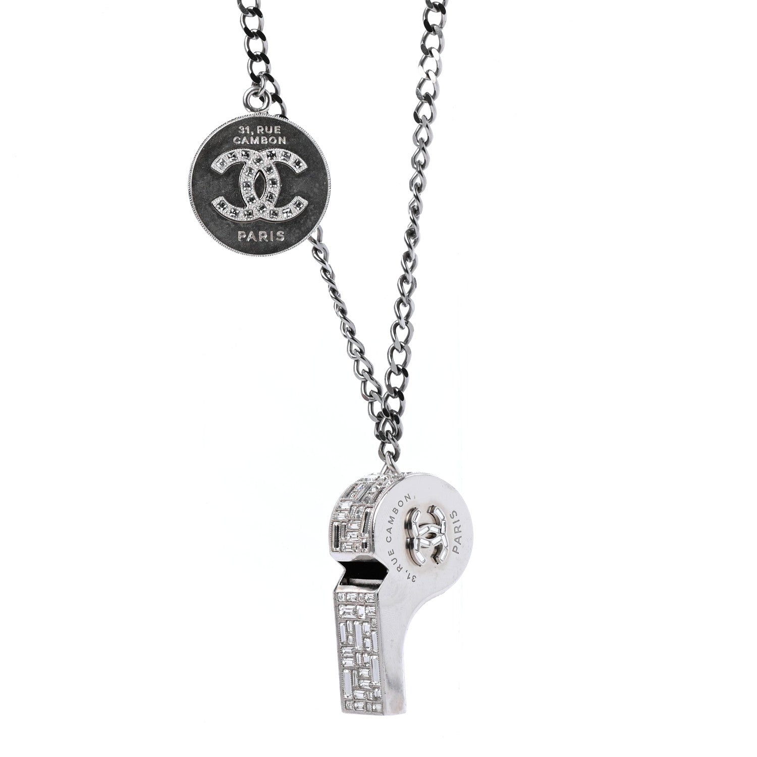 Chanel Crystal Baguette CC Whistle Pendant Necklace Silver 4 of 6