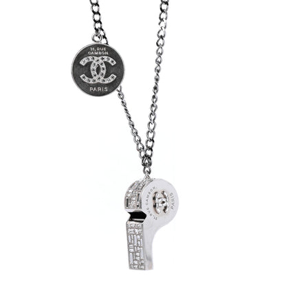 Chanel Crystal Baguette CC Whistle Pendant Necklace Silver 4 of 6