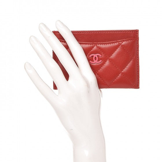 Lambskin Quilted Card Holder Red Pink