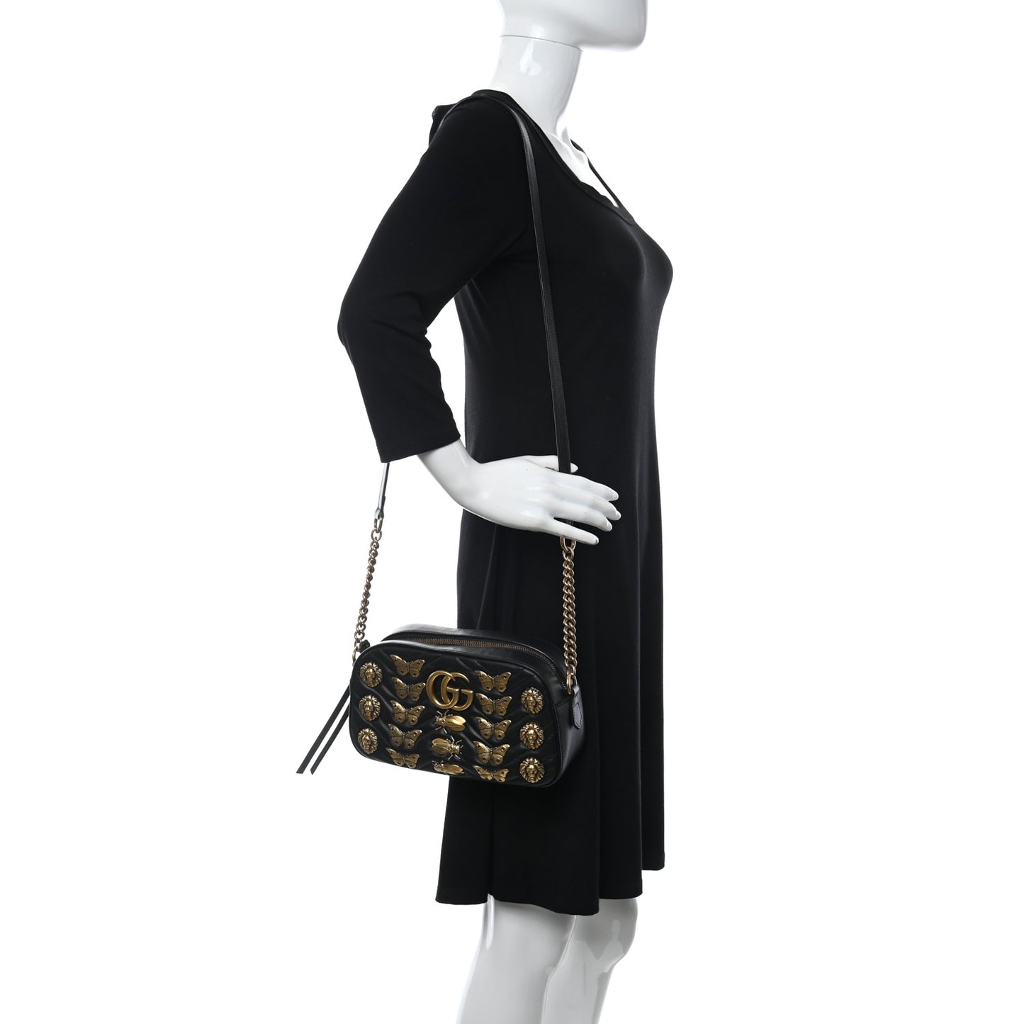 Calfskin Matelasse Animal Studs Small GG Marmont Chain Shoulder Bag Black