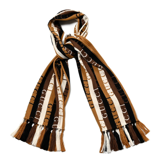 Wool Cotton Logo Wood Stripes Scarf Light Brown Dark Brown