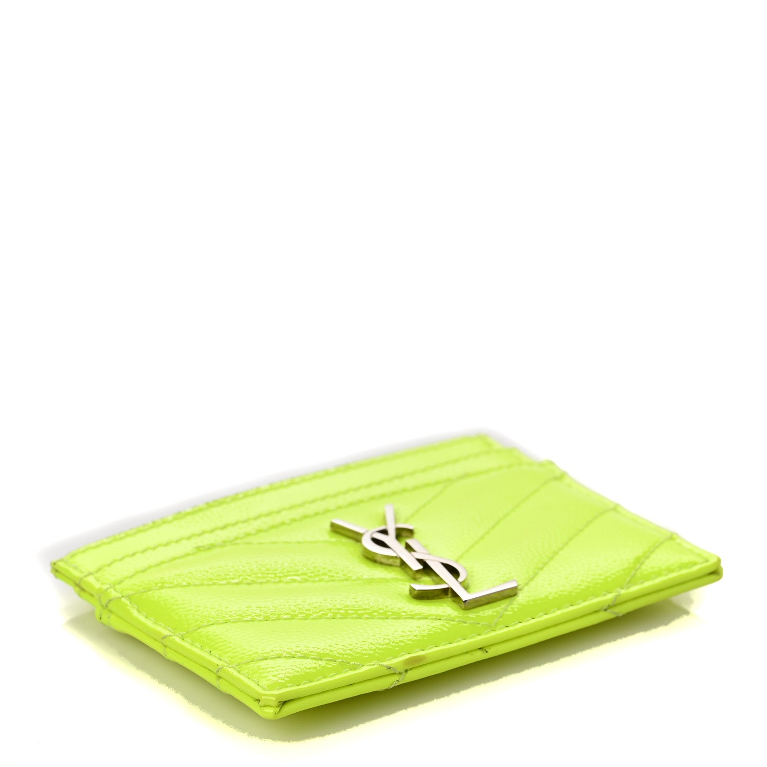 Saint Laurent Patent Grain De Poudre Matelasse Chevron Monogram Credit Card Case Neon Yellow 4 of 8