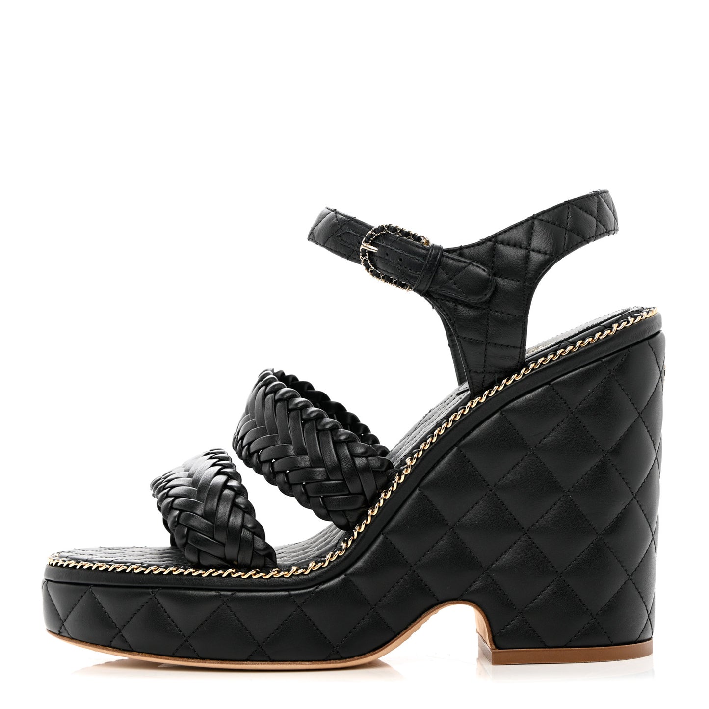 Calfskin Quilted Chain Around Wedge Sandals 41 Black