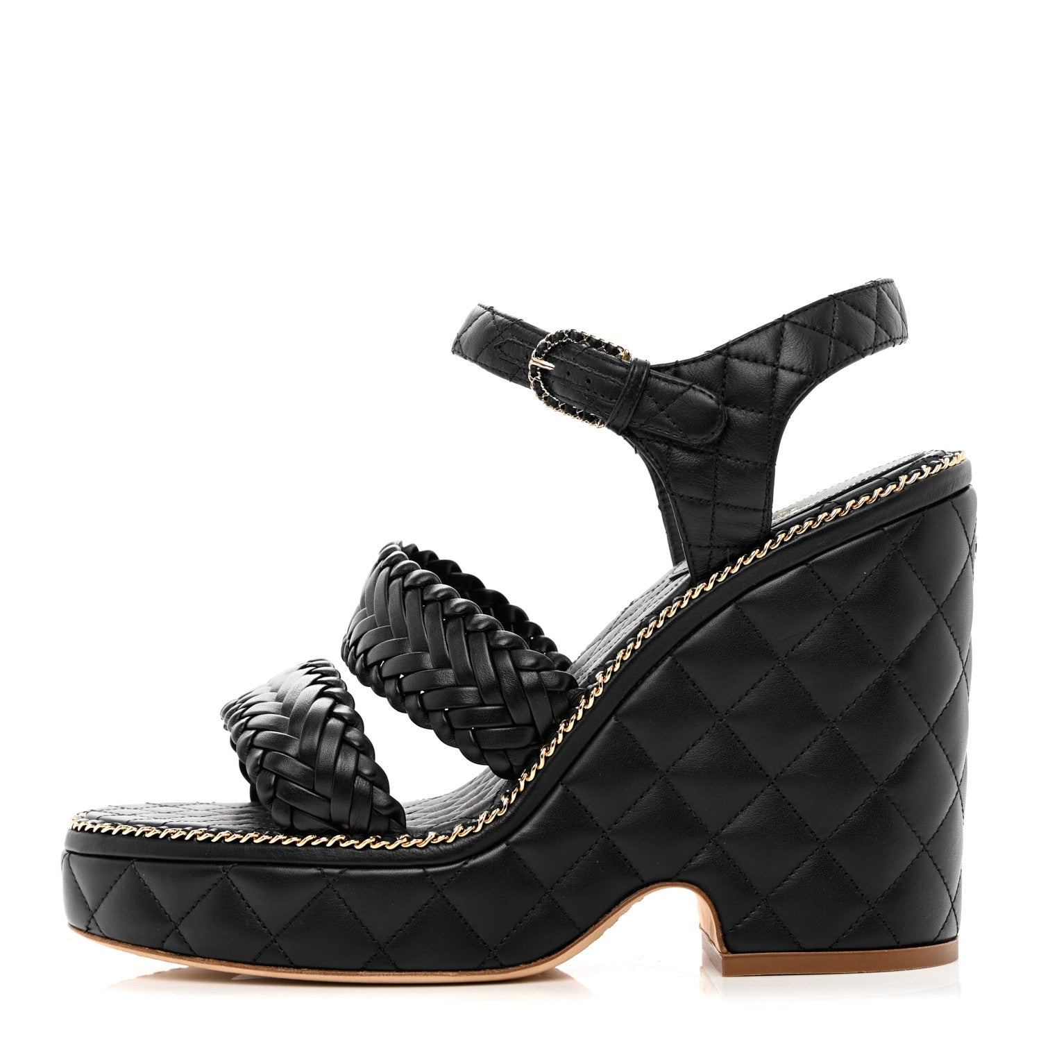 Chanel Calfskin Quilted Chain Around Wedge Sandals 41 Black 1 of 7
