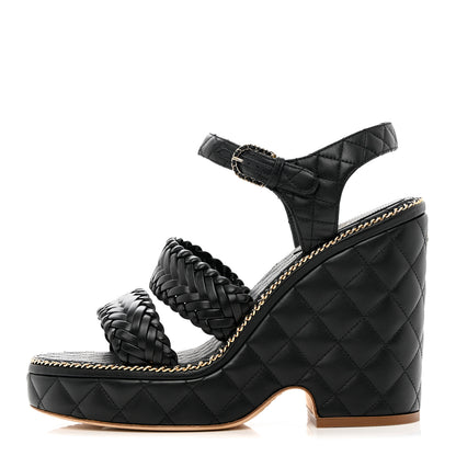 Chanel Calfskin Quilted Chain Around Wedge Sandals 41 Black 1 of 7