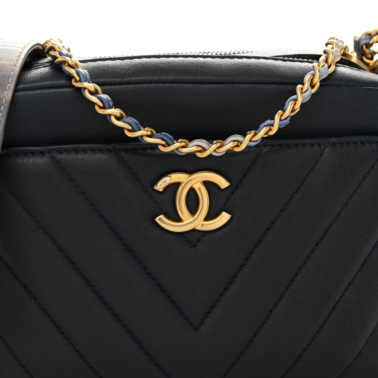 Chanel Lambskin Chevron Quilted Chain Around Camera Case Navy 9 of 12