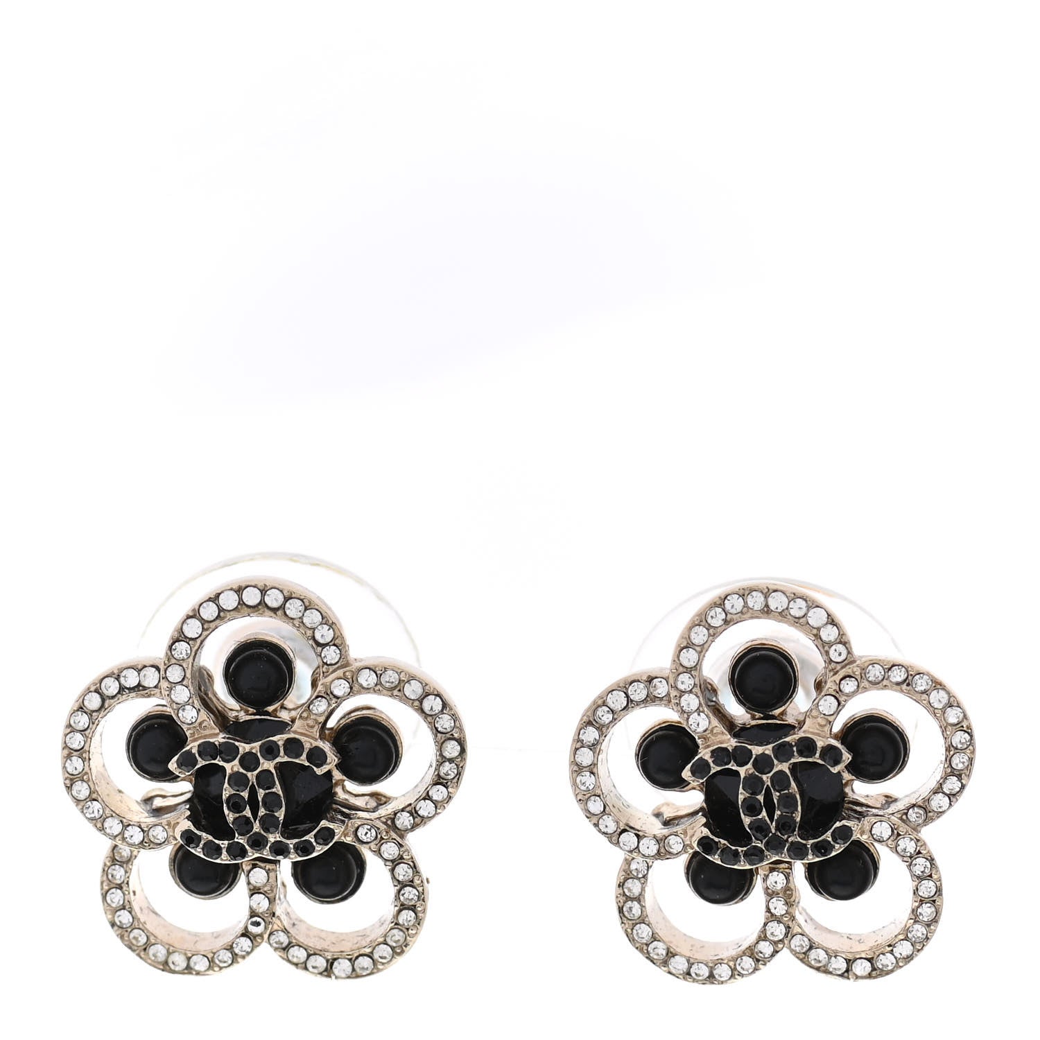 Chanel Crystal CC Camellia Earrings Black Gold 1 of 4