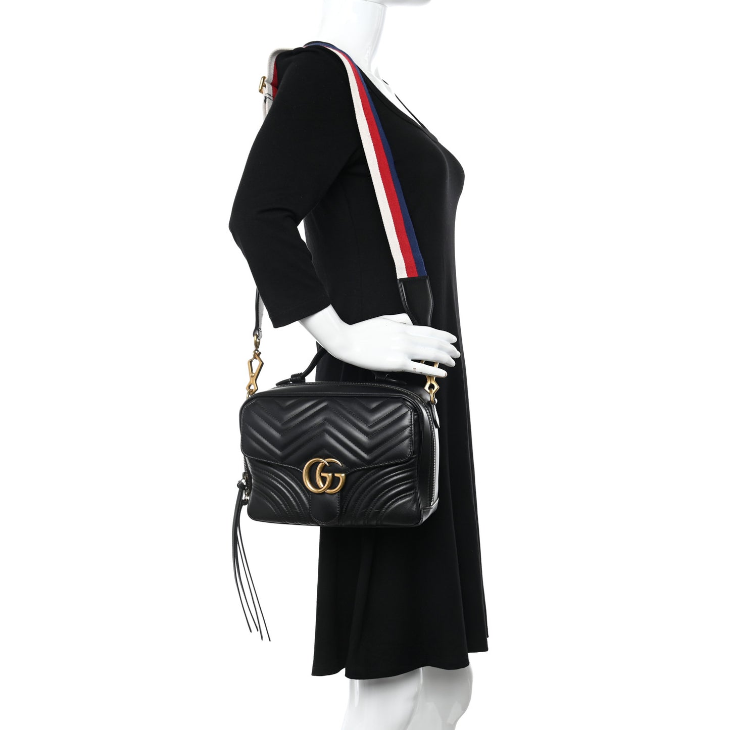 Calfskin Matelasse Sylvie Web Small GG Marmont Top Handle Shoulder Bag Black