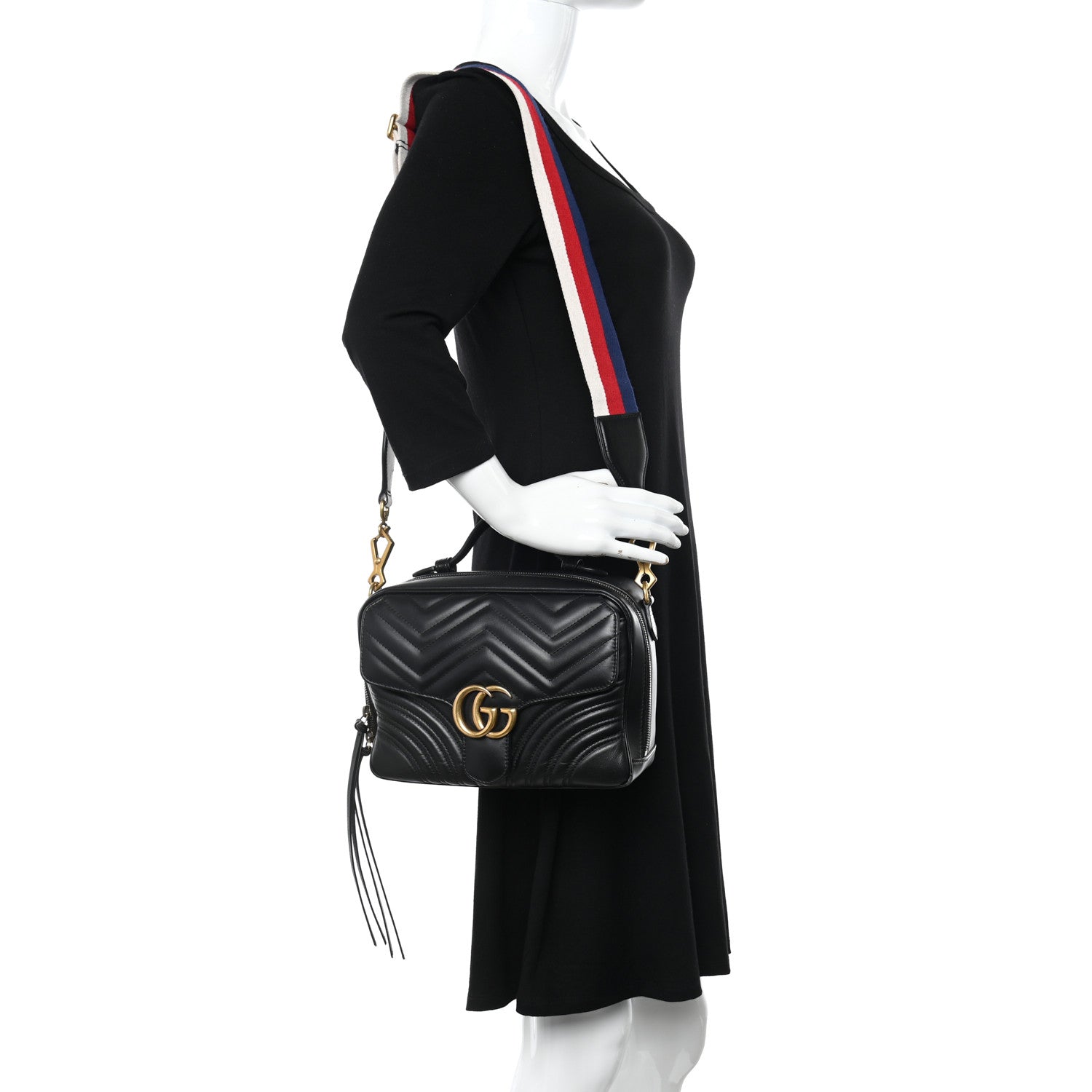 Gucci Calfskin Matelasse Sylvie Web Small GG Marmont Top Handle Shoulder Bag Black 2 of 12