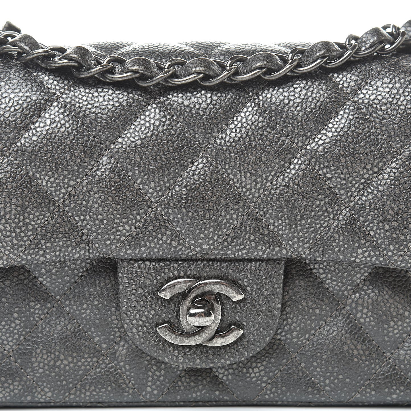 Metallic Caviar Quilted Mini Rectangular Flap Dark Silver