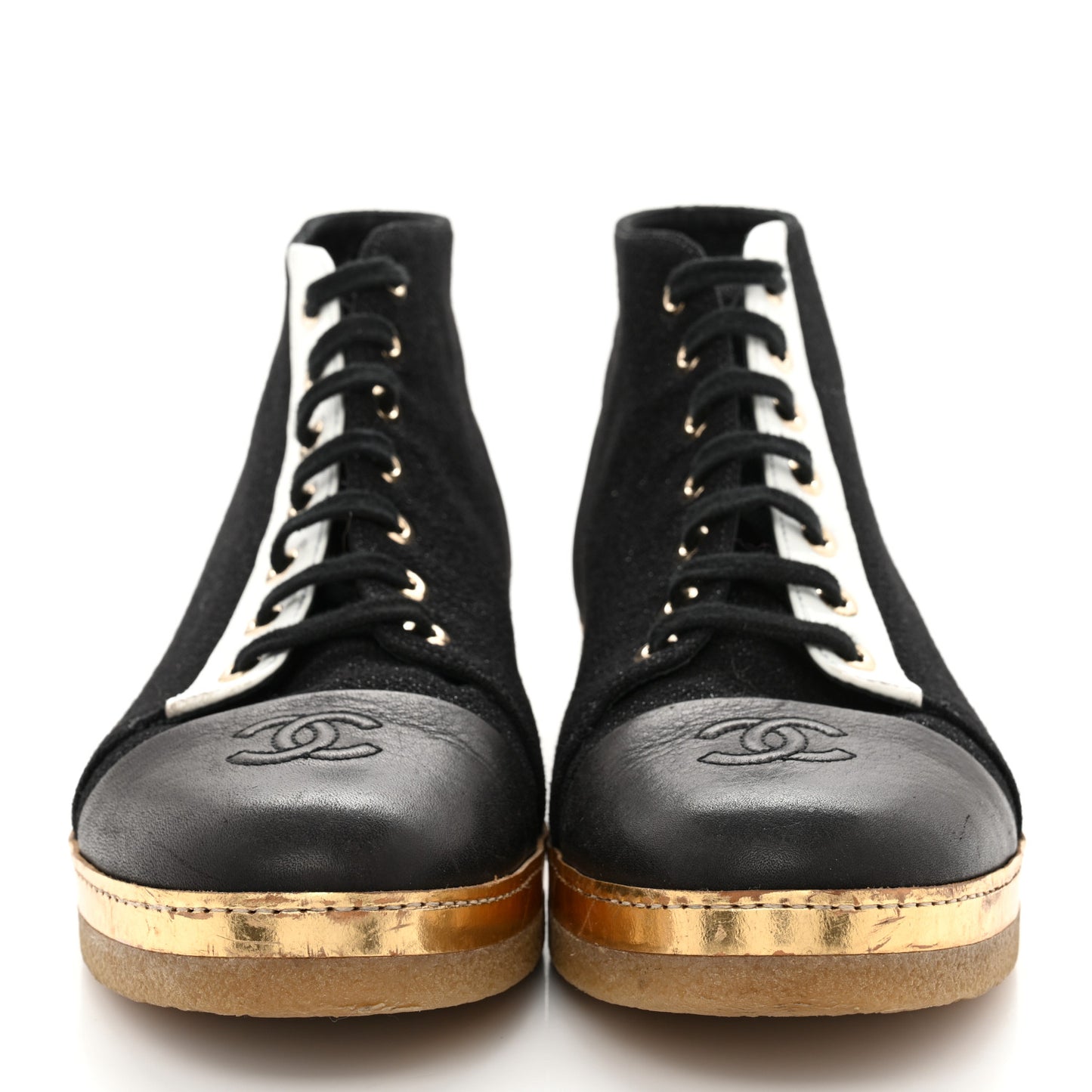 Tweed Calfskin CC Lace Up Short Boots 40.5 Black Gold
