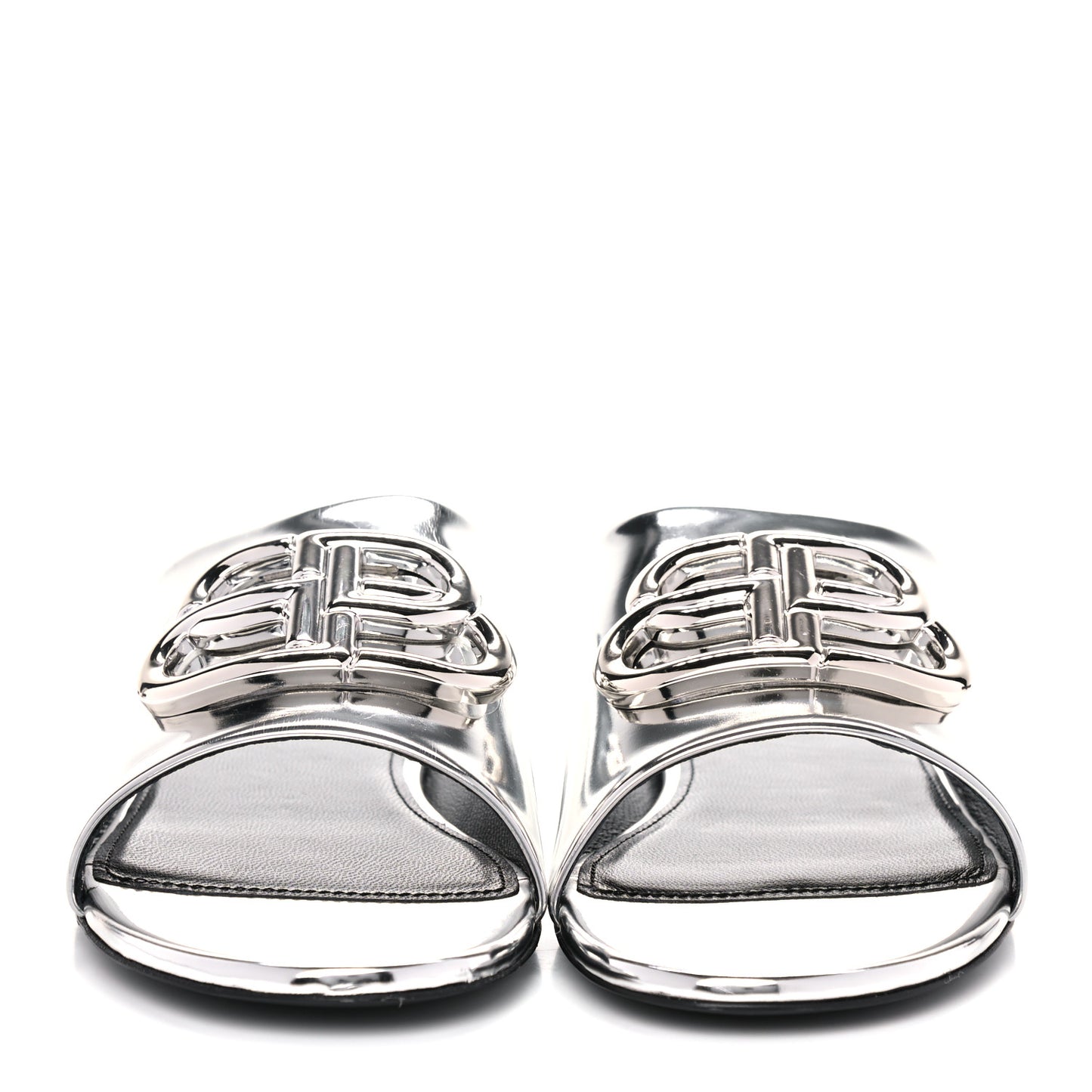 Mirror Metallic Calfskin Oval BB Slide Sandals 36 Silver