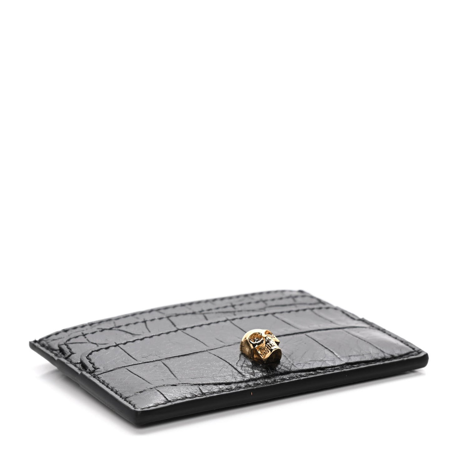 Calfskin Crocodile Embossed Skull Card Holder Black