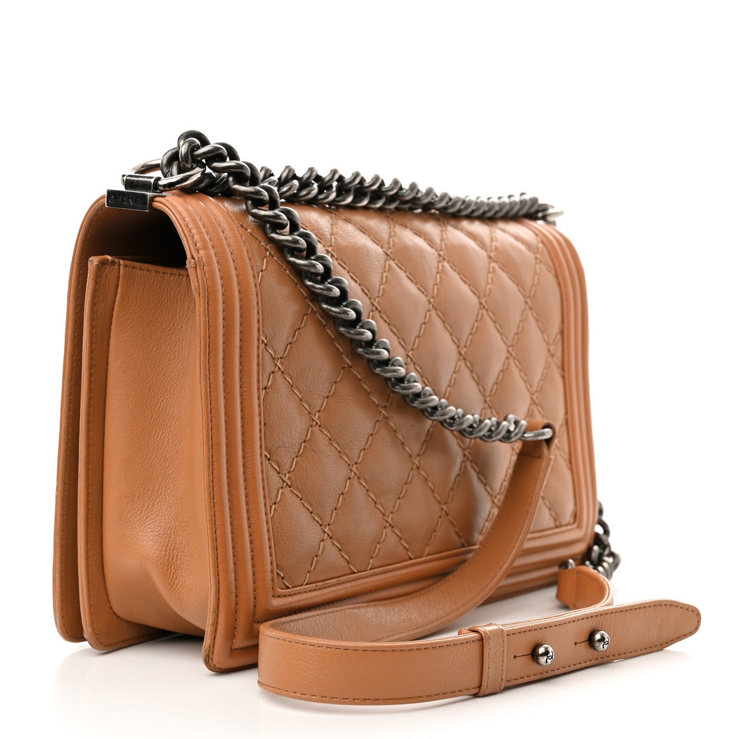 Calfskin Quilted Double Stitch New Medium Boy Flap Camel