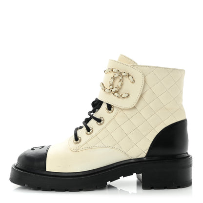 Chanel Shiny Goatskin Calfskin Quilted Lace Up Combat Boots 38.5 White Black 1 of 8