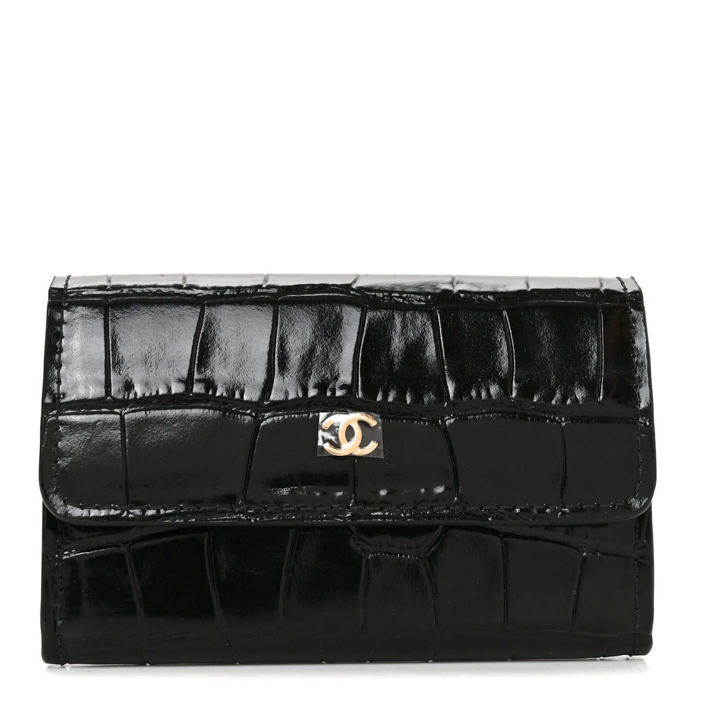 Calfskin Crocodile Embossed Crococo Flap Card Holder Black