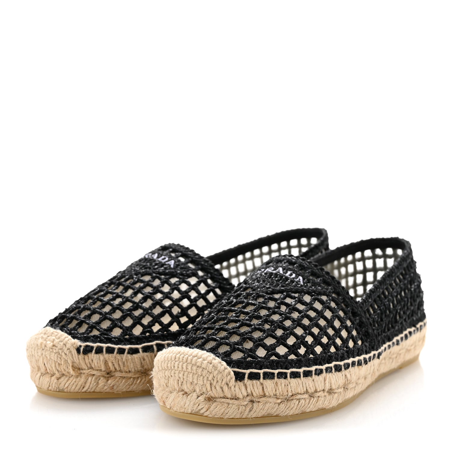 Prada Raffia Triangle Logo Crochet 20mm Espadrilles 37 Black Naturale 4 of 9