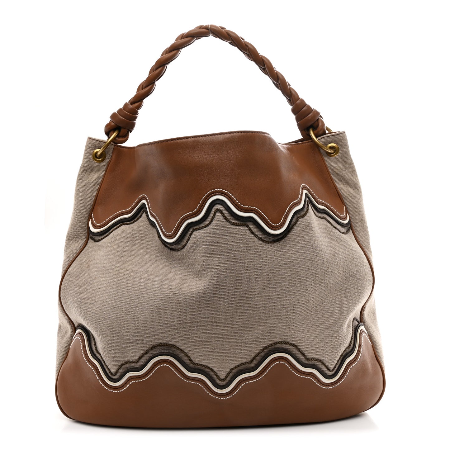 Canvas Calfskin Trimmed Tote Beige Brown