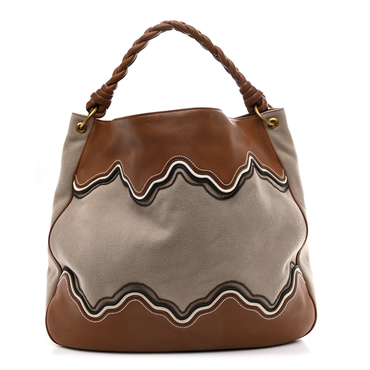 Bottega Veneta Canvas Calfskin Trimmed Tote Beige Brown 1 of 10