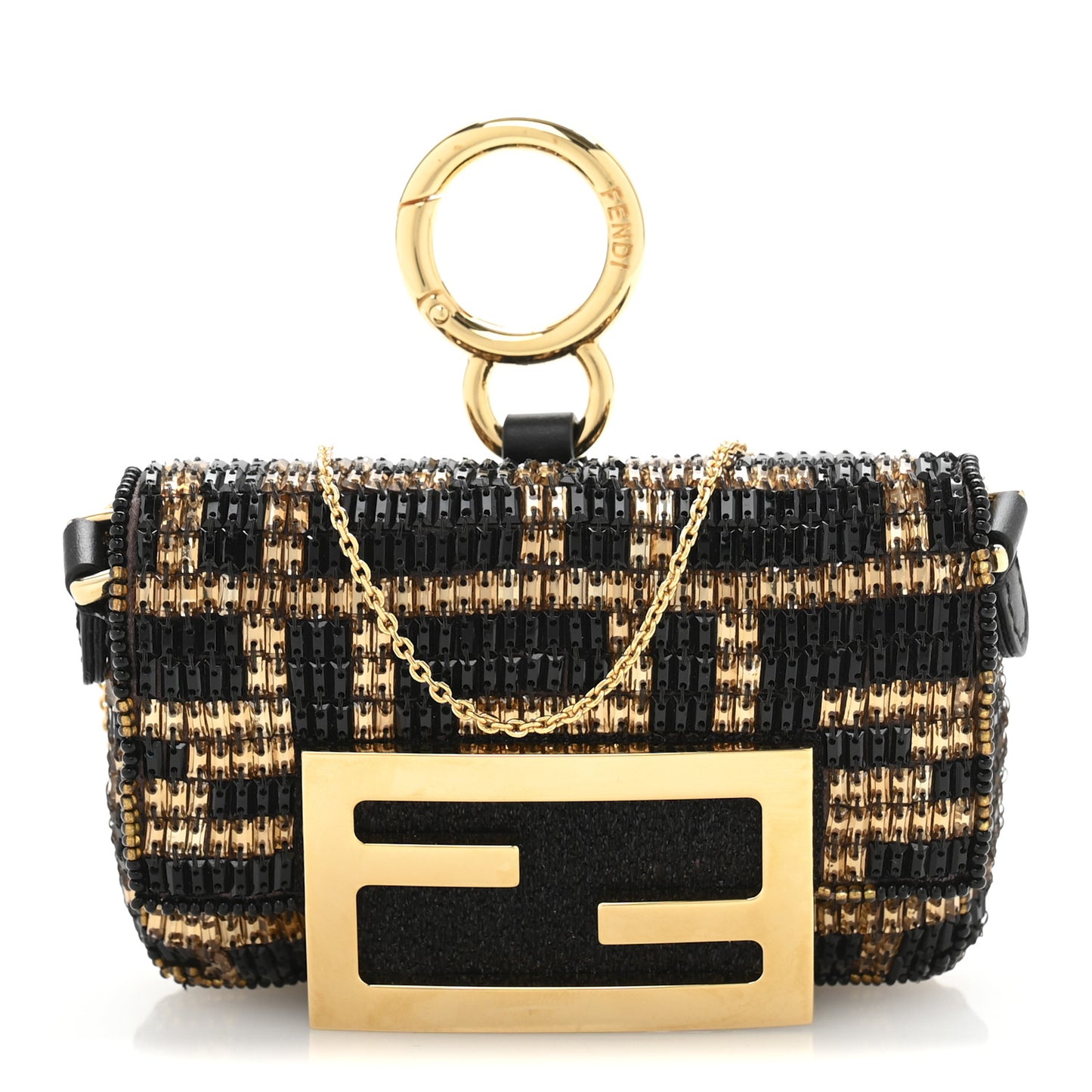 Crystal Vitello King FF Beaded Nano Maxi Buckle Baguette Charm Moro Black