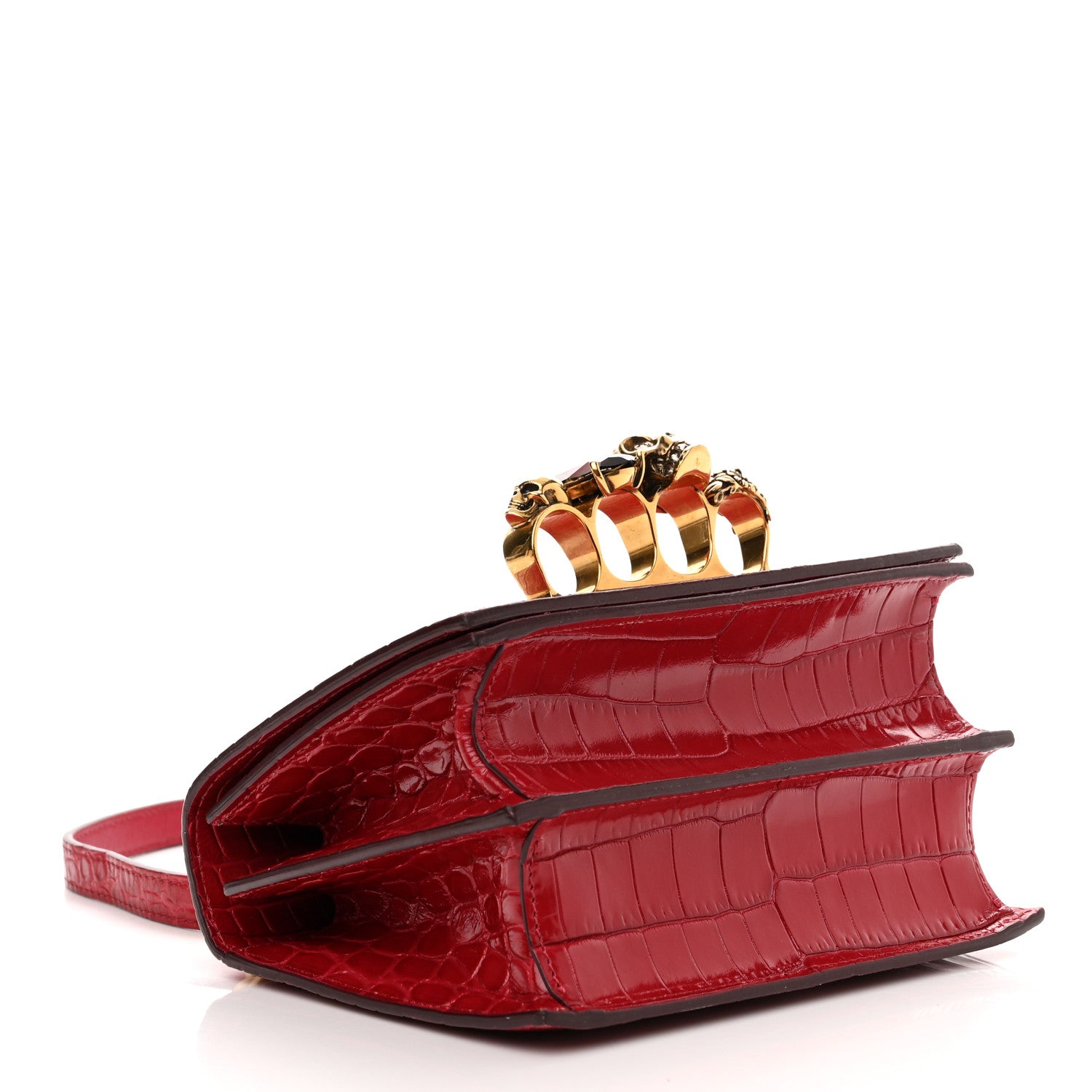 Alexander McQueen Calfskin Crocodile Embossed Jeweled Shoulder Bag Deep Red 4 of 9