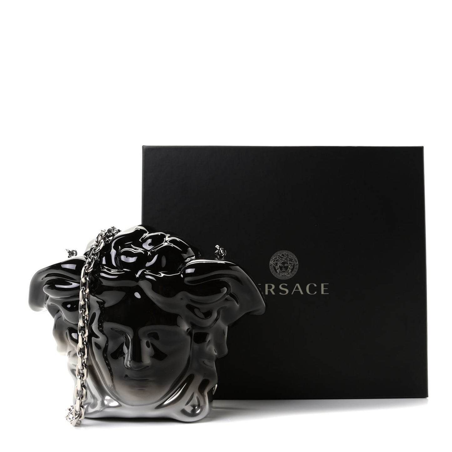 Medusa Head Chain Clutch Black Silver