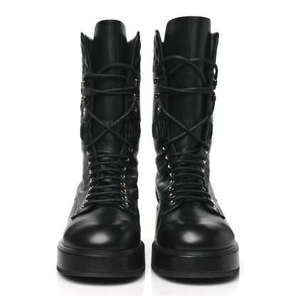 Chanel Lambskin Quilted CC Lace Up Combat Boots 38 Black 2 of 7