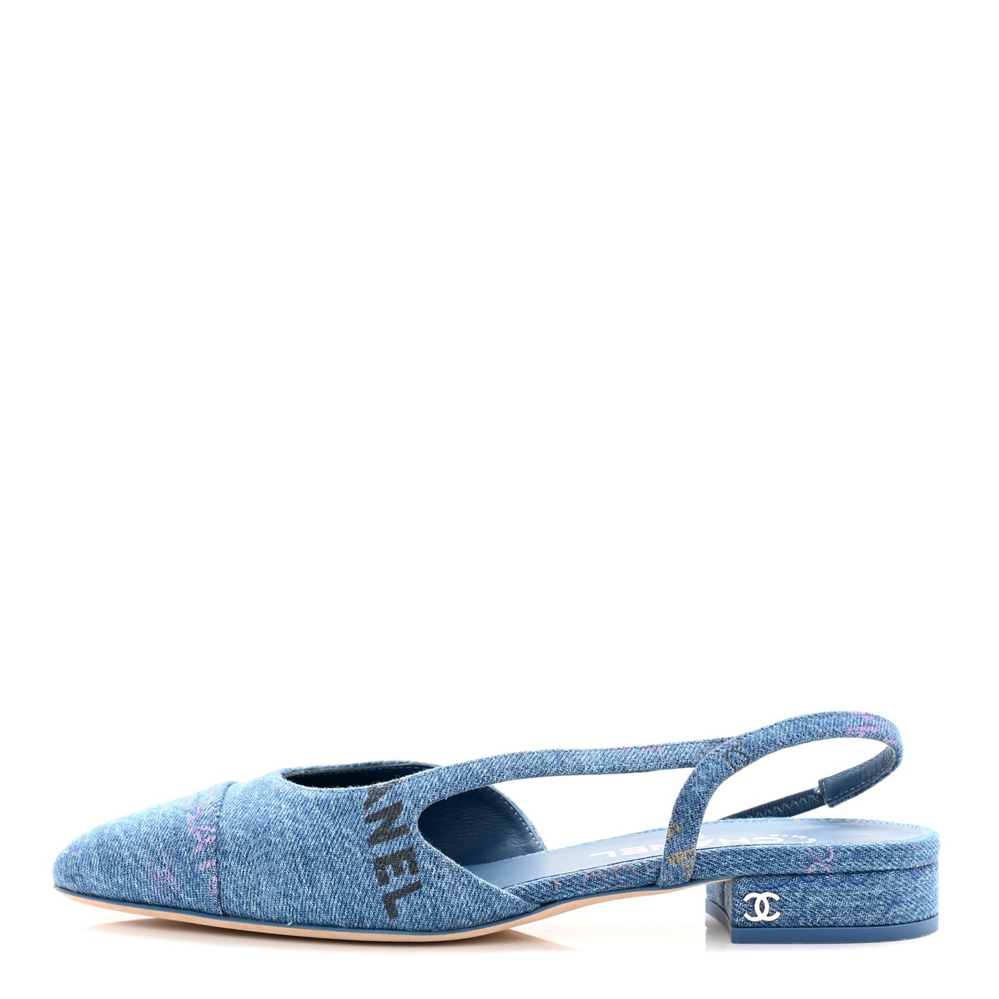 Denim Printed Denim Mood Cap Toe CC Slingback Flats 38 Light Blue Multicolor