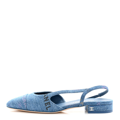 Chanel Denim Printed Denim Mood Cap Toe CC Slingback Flats 38 Light Blue Multicolor 1 of 10