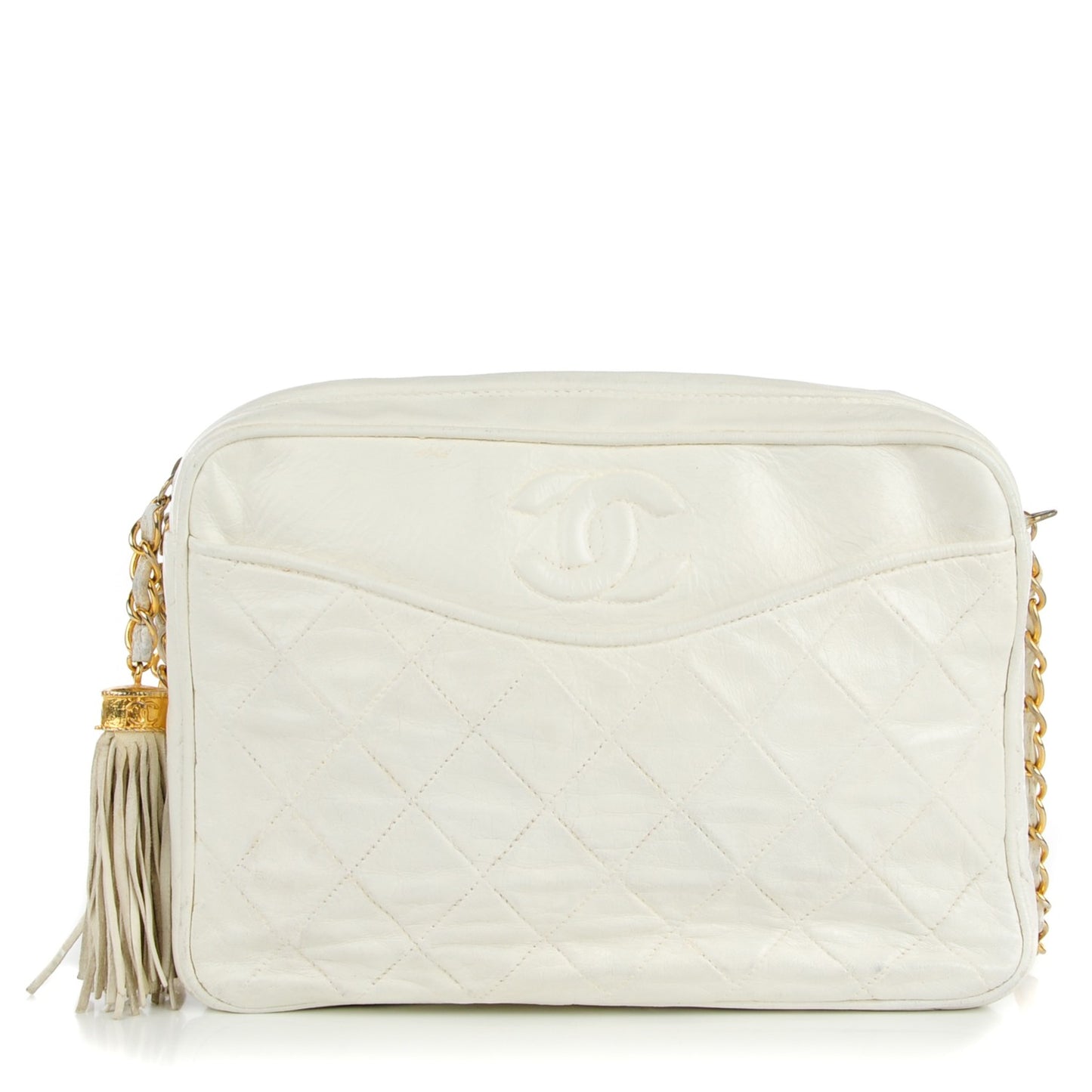 Lambskin Quilted Tassel Camera Case White